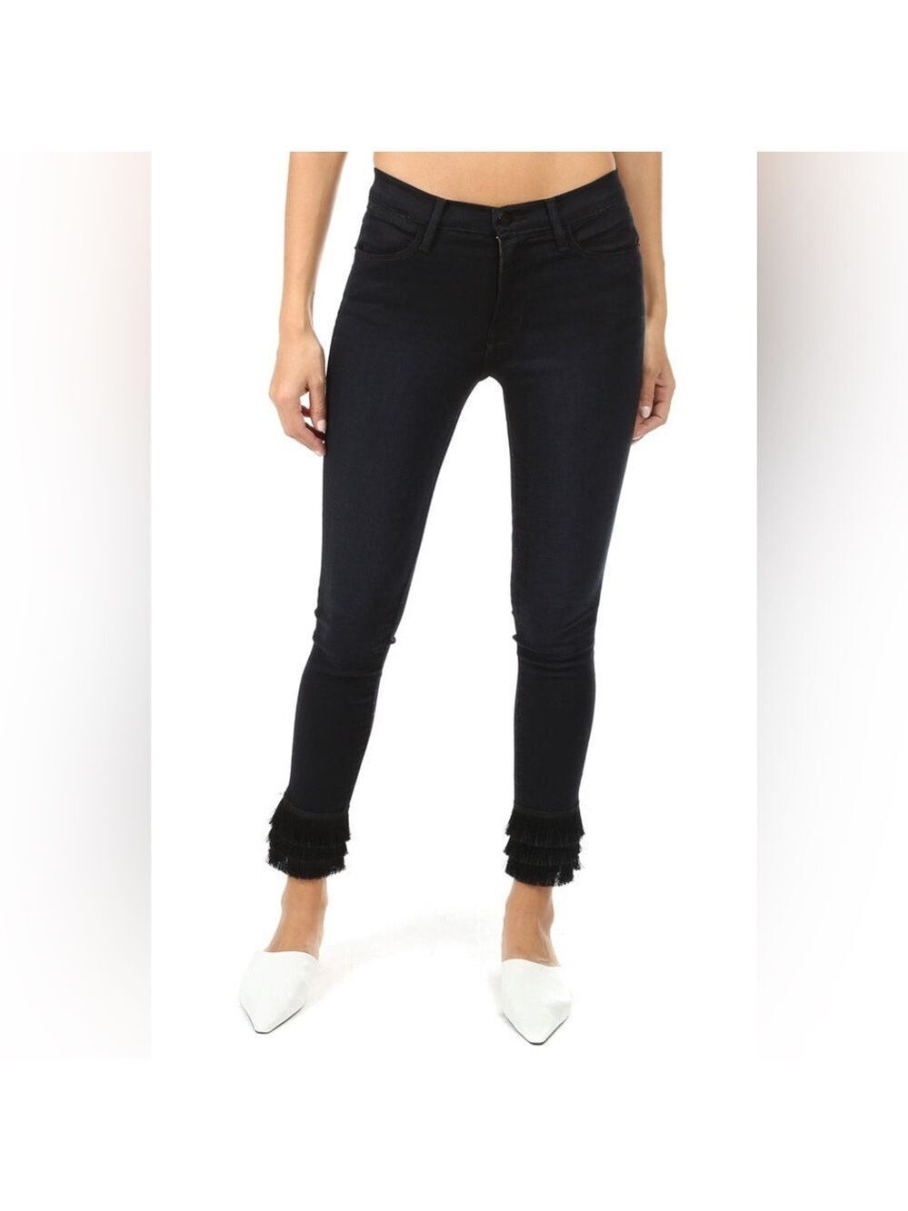Frame Denim Black Skinny Jeans with Fringed Hem Size 28